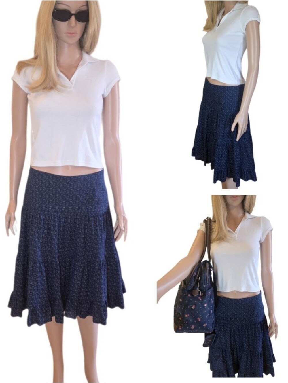 Vintage 90's Y2k Chaps Indigo Blue Ditsy Floral Tiered Midi Skirt EUC  16.25" W